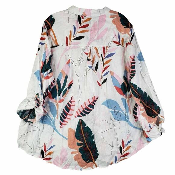 Cynthia Rowley Tunic Shirt Popover Womens 2X White Linen Button LS Tropical - Picture 3 of 9